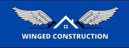 Winged Construction logo featuring a house with wings on a blue background.